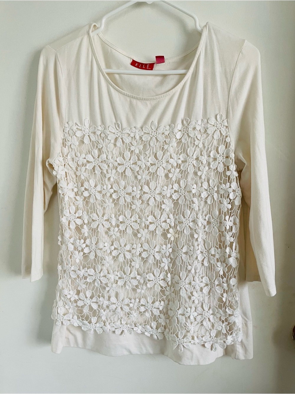 Elle Ivory Floral Lace Front Three-Quarter Sleeve Top